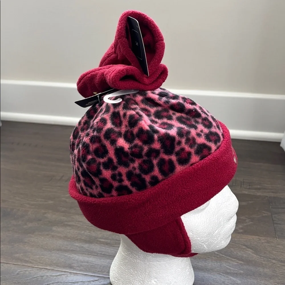 Nike Infant 2pc.Earflap Hat & Mittens, leopard print,gold logo,velcro chin